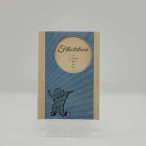Carte baptême bleu et sable “Félicitations”