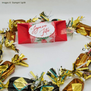 Cadeau d’invité de Noël fait main – boîte lingot d’or rouge Joyeuses Fêtes entourée de chocolats